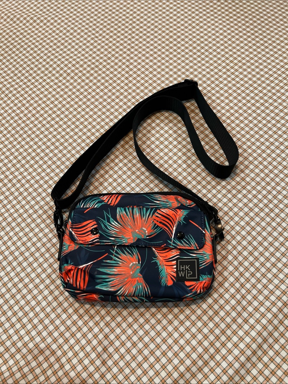 HKWP Navy Crossbody Bag with Coral & Teal Tropical Print